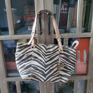 Michael Kors Zebra Canvas Tote with Rose Gold MK Charm
